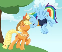 Size: 1280x1088 | Tagged: safe, artist:human-cartoon, derpibooru import, applejack, rainbow dash, earth pony, pegasus, pony, the last problem, apple, apple tree, appledash, applejack's hat, blushing, braid, cloud, cowboy hat, duo, female, food, future, granny smith's shawl, hat, image, jpeg, lesbian, mare, older, older applejack, older rainbow dash, shipping, stetson, tree