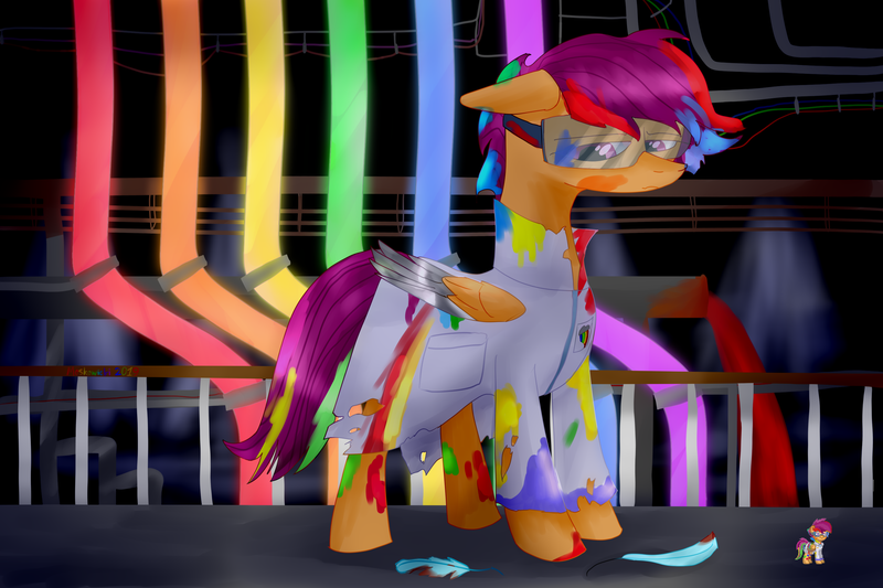 Size: 3000x2000 | Tagged: semi-grimdark, artist:moskowizki, derpibooru import, scootaloo, pegasus, pony, fanfic:pegasus device, fanfic:rainbow factory, absentia, alternate ending, alternate hairstyle, artificial wings, augmented, blood, blood on face, blood on hooves, blood on mane, blood on tail, clothes, coat, evil, evil scootaloo, eviloo, factory, factory absentia, factory scootaloo, fanfic art, feather, female, filly, floppy ears, frown, glow, goggles, good end?, guilty, image, implied murder, implied rainbow dash, lab coat, liquid rainbow, long coat, long neck, mare, mechanical wing, metal, orange body, orange fur, pegasus device, pipes, png, purple mane, purple tail, railing, rainbow blood, role reversal, sad, safety goggles, scootaloo can fly, scootasad, shading, short mane, solo, solo female, solo focus, spectra, steam, tail, the tables have turned, what if, what should have happened, white clothes, wings, wrong clothes, wrong clothing, wrong outfit