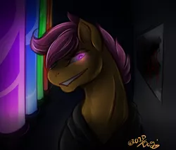Size: 870x739 | Tagged: artist needed, semi-grimdark, derpibooru import, scootaloo, pegasus, pony, fanfic:pegasus device, fanfic:rainbow factory, absentia, alternate ending, black clothes, black hoodie, black suit, blood, dark, evil, evil grin, evil scootaloo, eviloo, factory, factory absentia, factory scootaloo, female, furrowed brow, glow, glowing eyes, good end?, grin, gritted teeth, how it should have ended, image, in the rainbow factory, jpeg, lighting, liquid rainbow, long neck, mare, no escape, oh no, older, older scootaloo, orange body, orange fur, purple eyes, purple mane, rainbow factory au, rainbow factory worker, rainbow factory worker scootaloo, shading, short mane, signature, small ears, smiling, solo, solo female, solo focus, spectra, stained glass window, teeth, the tables have turned, walking, window, writing