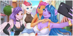 Size: 2300x1130 | Tagged: suggestive, artist:pink-pinktooth, derpibooru import, izzy moonbow, pipp petals, sunny starscout, zipp storm, anthro, earth pony, pegasus, unicorn, my little pony: a new generation, belly button, breasts, busty izzy moonbow, busty pipp petals, busty sunny starscout, busty zipp storm, button, choker, cleavage, clothes, denim shorts, drink, ear fluff, g5, image, jpeg, midriff, mobile phone, phone, pin, selfie, shorts, smartphone, sports bra, tanktop, twilight sparkle's cutie mark