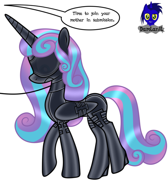 Size: 3840x4154 | Tagged: safe, artist:damlanil, derpibooru import, princess flurry heart, alicorn, pony, bdsm, blindfold, bondage, bondage mask, boots, bound wings, catsuit, clothes, collar, commission, corset, female, gag, gimp suit, high heels, hood, horn, image, implied discord, latex, latex boots, latex suit, leash, link in description, mare, muzzle gag, older, older flurry heart, png, rubber, rubber suit, shiny, shiny mane, shoes, show accurate, simple background, socks, solo, story, story included, thigh highs, transparent background, vector, wings