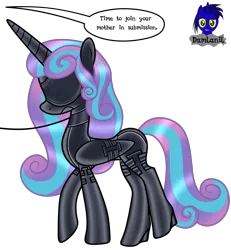 Size: 3840x4154 | Tagged: safe, artist:damlanil, derpibooru import, princess flurry heart, alicorn, pony, bdsm, blindfold, bondage, bondage mask, boots, bound wings, catsuit, clothes, collar, commission, corset, female, gag, gimp suit, high heels, hood, horn, image, implied discord, latex, latex boots, latex suit, leash, link in description, mare, muzzle gag, older, older flurry heart, png, rubber, rubber suit, shiny, shiny mane, shoes, show accurate, simple background, socks, solo, story, story included, thigh highs, transparent background, vector, wings