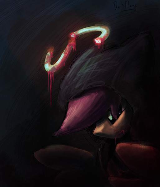 Size: 1280x1493 | Tagged: semi-grimdark, artist:darkflame, derpibooru import, scootaloo, pegasus, pony, fanfic:pegasus device, fanfic:rainbow factory, absentia, alternate universe, black background, black hoodie, blood, blood in mouth, blood on face, broken halo, detailed, emotionless, evil, evil scootaloo, eviloo, factory absentia, factory scootaloo, fanfic art, female, filly, halo, image, implied death, implied murder, jpeg, large wings, looking down, mare, no outlines, orange body, orange fur, purple mane, rainbow factory au, rainbow factory worker scootaloo, shading, simple background, solo, wings