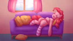 Size: 1920x1080 | Tagged: safe, artist:zowzowo, derpibooru import, pinkie pie, earth pony, pony, clothes, commission, couch, cushion, fullbody, image, morning, png, room, sleeping, socks, solo, wallpaper, window