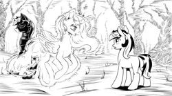 Size: 4256x2364 | Tagged: safe, artist:lexx2dot0, derpibooru import, princess luna, oc, oc:blackjack, alicorn, pegasus, pony, unicorn, fallout equestria, fallout equestria: project horizons, black and white, clone, clothes, fanfic art, grayscale, horn, image, monochrome, pipbuck, png, small horn, vault security armor, vault suit