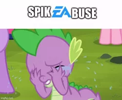 Size: 552x452 | Tagged: safe, derpibooru import, pinkie pie, spike, twilight sparkle, dragon, earth pony, pony, unicorn, it ain't easy being breezies, abuse, crying, ea games, female, funny, image, implied spikeabuse, jpeg, male, offscreen character, solo focus, spikeabuse, teary eyes, unicorn twilight