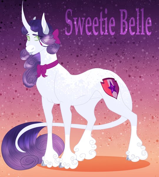 Size: 1782x1978 | Tagged: safe, artist:inisealga, derpibooru import, sweetie belle, pony, unicorn, :p, abstract background, alternate design, blaze (coat marking), bow, bowtie, cloven hooves, coat markings, curved horn, facial markings, female, gradient background, horn, image, jpeg, leonine tail, mare, markings, redesign, solo, tail, text, tongue out