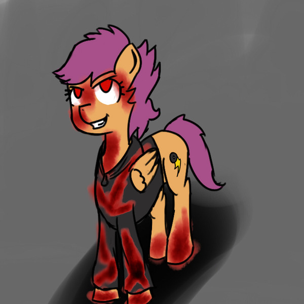 Size: 800x800 | Tagged: artist needed, grimdark, derpibooru import, scootaloo, pegasus, pony, fanfic:pegasus device, fanfic:rainbow factory, absentia, absentia's cutie mark, alternate cutie mark, alternate ending, baggy hoodie, black clothes, black hoodie, blood, blood all over, blood everywhere, blood on face, blood on hooves, blood on neck, blood splatter, blood stains, clothes, evil, evil grin, evil scootaloo, eviloo, eyelashes, factory absentia, factory scootaloo, fanfic art, good end?, gray background, grin, gritted teeth, hoodie, image, implied murder, jpeg, looking up, messy mane, no lighting, no shading, older, older scootaloo, pegasus device, purple mane, purple tail, rainbow factory au, rainbow factory worker scootaloo, red eyes, shadow, short tail, simple, simple background, small ears, small wings, smiling, tail, teeth, wings, wrong eye color