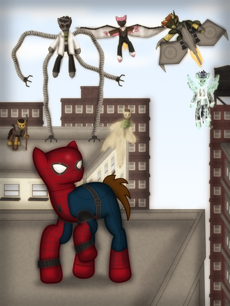 Size: 1750x2331 | Tagged: safe, artist:99999999000, derpibooru import, earth pony, pegasus, pony, unicorn, city, clothes, doctor octopus, electro, green goblin, image, kraven the hunter, male, marvel, marvel comics, png, sandman, sinister six, spider-man, the vulture