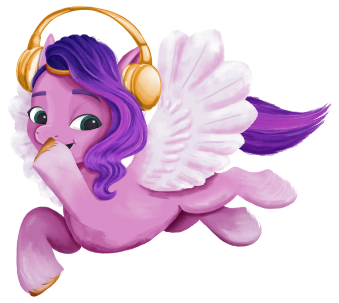 Size: 2048x1828 | Tagged: safe, artist:rachael saunders, derpibooru import, official, pipp petals, pegasus, pony, my little pony: a new generation, spoiler:my little pony: a new generation, female, flying, g5, headphones, image, png, simple background, solo, transparent background