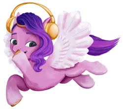 Size: 2048x1828 | Tagged: safe, artist:rachael saunders, derpibooru import, official, pipp petals, pegasus, pony, my little pony: a new generation, spoiler:my little pony: a new generation, female, flying, g5, headphones, image, png, simple background, solo, transparent background