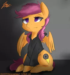 Size: 1024x1100 | Tagged: safe, artist:jovalic, derpibooru import, scootaloo, pony, fanfic:pegasus device, fanfic:rainbow factory, absentia, absentia's cutie mark, alternate cutie mark, alternate ending, baggy hoodie, black hoodie, bored, clothes, dark background, evil, evil scootaloo, eviloo, eyelashes, factory absentia, factory scootaloo, fanfic art, female, filly, frown, grey outlines, hoodie, hoof fluff, image, lidded eyes, looking forward, pegasus device, png, purple eyes, purple mane, purple tail, rainbow factory worker scootaloo, shading, signature, sitting, small wings, tail, wings