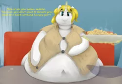 Size: 2746x1896 | Tagged: safe, artist:lupin quill, derpibooru import, oc, oc:snow veil, unicorn, series:snow helps herself (weight gain), bedroom eyes, belly, belly button, big belly, butt, chubby cheeks, clothes, dialogue, diner, double chin, fat, fat fetish, feedee, female, fetish, food, horn, image, large butt, levitation, lineless, lip bite, magic, morbidly obese, neck fat, obese, pasta, plate, plot, png, shirt, smiling, stuffed, table, talking to viewer, telekinesis, tight clothing, unicorn oc, waitress, wardrobe malfunction, weight gain, weight gain sequence, window