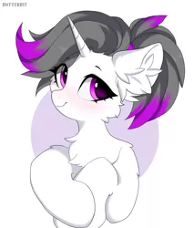 Size: 1707x2000 | Tagged: safe, artist:butterbit, derpibooru import, oc, oc:hazel radiate, unofficial characters only, pony, unicorn, bust, cheek fluff, chest fluff, commission, commissioner:biohazard, ear fluff, eyebrows, eyelashes, female, highlights, horn, image, jpeg, mare, ponytail, portrait, purple eyes, simple background, solo, unicorn oc, white background, ych result