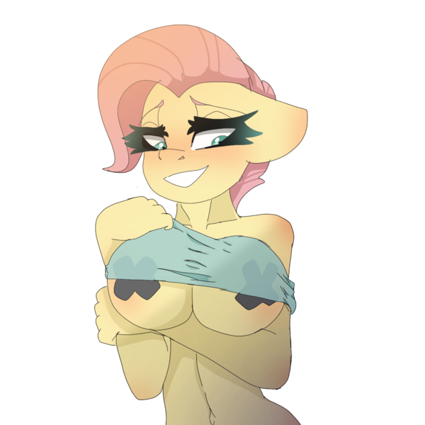 Size: 1280x1280 | Tagged: questionable, artist:moodi, derpibooru import, fluttershy, anthro, alternate hairstyle, big breasts, blushing, breasts, busty fluttershy, clothes, image, nipple tape, pasties, png, see-through, shirt, shirt lift, short mane, smiling, solo, undressing