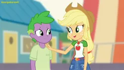 Size: 3640x2048 | Tagged: safe, artist:georgegarza01, derpibooru import, applejack, spike, human, equestria girls, equestria girls series, rollercoaster of friendship, geode of super strength, hand on shoulder, human spike, humanized, image, jpeg, magical geodes, reassurance, story included