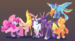 Size: 1280x697 | Tagged: safe, artist:idefix, derpibooru import, applejack, fluttershy, pinkie pie, rainbow dash, rarity, twilight sparkle, twilight sparkle (alicorn), alicorn, classical unicorn, earth pony, pegasus, pony, unicorn, beard, cloven hooves, cutie mark, facial hair, flying, group, horn, image, jpeg, leonine tail, mane six, simple background, smiling, spread wings, unshorn fetlocks, wings