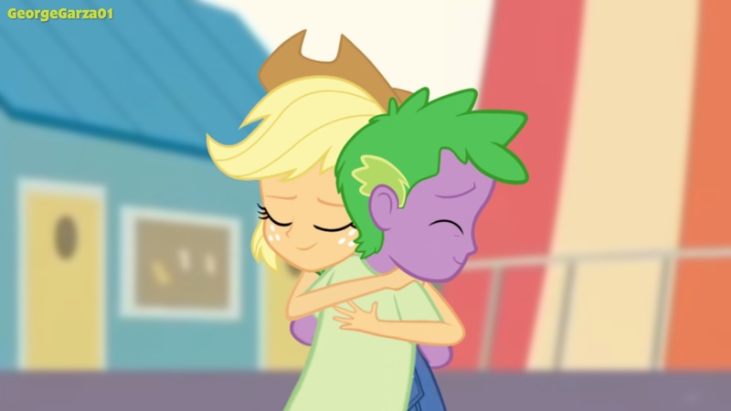 Size: 3640x2048 | Tagged: safe, artist:georgegarza01, derpibooru import, applejack, spike, human, equestria girls, equestria girls series, rollercoaster of friendship, eyes closed, hug, human spike, humanized, image, jpeg, story included