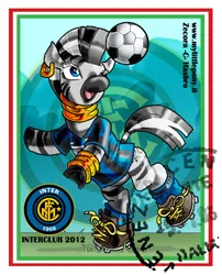 Size: 430x533 | Tagged: safe, artist:davide76, derpibooru import, zebra, clothes, female, football, image, inter, png, postage stamp, solo, sports