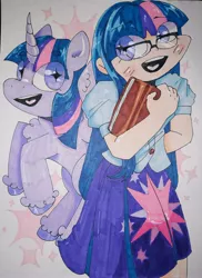 Size: 2798x3837 | Tagged: safe, artist:aylinsart, derpibooru import, sci-twi, twilight sparkle, twilight sparkle (alicorn), alicorn, pony, equestria girls, chest fluff, curved horn, female, glasses, horn, human coloration, human ponidox, image, jpeg, open mouth, open smile, self ponidox, smiling, square crossover, starry eyes, traditional art, wingding eyes
