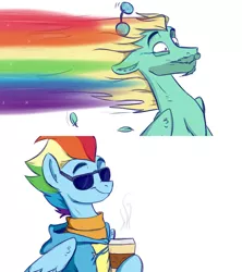 Size: 1280x1440 | Tagged: safe, artist:rutkotka, derpibooru import, rainbow dash, zephyr breeze, pegasus, pony, clothes, coffee, comic, cup, female, glasses, glasses off, hoodie, image, jpeg, male, mare, older, older rainbow dash, rainbow trail, shipping, simple background, sketch, smiling, stallion, straight, sunglasses, sweater, uniform, white background, wind, windswept mane, zephdash