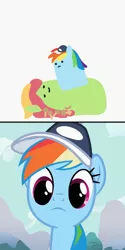 Size: 1024x2048 | Tagged: safe, artist:2merr, ponerpics import, screencap, rainbow dash, tree hugger, earth pony, pegasus, pony, may the best pet win, 2 panel comic, :c, bandana, blob ponies, comic, dot eyes, drawn on phone, drawthread, duo, duo female, female, frown, gray background, hallucination, hat, high, image, lying down, mushroom, png, simple background, smiling