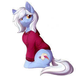 Size: 2473x2491 | Tagged: safe, artist:_ladybanshee_, derpibooru import, oc, oc:word weaver, earth pony, fluffy pony, pony, chest fluff, clothes, commission, ear fluff, fluffy mane, fullbody, happy, hoodie, image, png, shading, sitting, smiling, solo