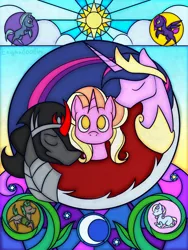 Size: 1050x1400 | Tagged: safe, artist:enigmadoodles, derpibooru import, king sombra, luster dawn, twilight sparkle, twilight sparkle (alicorn), alicorn, pony, image, png, stained glass