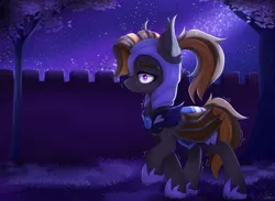 Size: 4848x3547 | Tagged: safe, artist:dinoalpaka, derpibooru import, oc, oc:mythic dawn, unofficial characters only, bat pony, armor, bat pony oc, bat wings, blushing, commission, detailed background, fangs, female, image, motion lines, night guard, night guard armor, png, ponytail, purple eyes, shaking, solo, sweat, sweating bullets, sweating profusely, tree, trembling, walking, wings