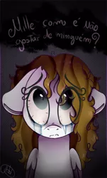 Size: 514x851 | Tagged: safe, artist:millefaller, derpibooru import, oc, unofficial characters only, pegasus, pony, bust, colored wings, crying, eye clipping through hair, female, frown, image, looking up, mare, pegasus oc, png, sad, signature, solo, talking, two toned wings, wings