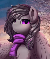Size: 2582x3003 | Tagged: safe, artist:pridark, derpibooru import, oc, unofficial characters only, pegasus, pony, beautiful, bust, clothes, commission, cute, female, high res, image, mare, pegasus oc, png, portrait, pretty, purple eyes, scarf, serious, solo, tree, wings