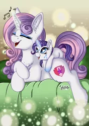 Size: 2894x4093 | Tagged: safe, artist:julunis14, derpibooru import, rarity, sweetie belle, pony, unicorn, age swap, cute, face paint, female, filly, filly rarity, image, older, older sweetie belle, png, role reversal, sibling love, siblings, singing, sisterly love, sisters, younger