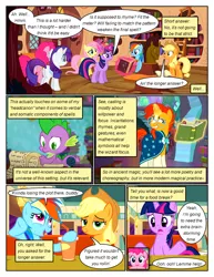 Size: 612x792 | Tagged: safe, artist:newbiespud, derpibooru import, edit, edited screencap, screencap, applejack, fluttershy, pinkie pie, rainbow dash, rarity, spike, sunburst, twilight sparkle, alicorn, dragon, earth pony, pegasus, pony, unicorn, comic:friendship is dragons, magical mystery cure, the crystalling, the saddle row review, applejack's hat, book, clothes, coat markings, comic, cowboy hat, dialogue, element of generosity, element of honesty, element of kindness, element of laughter, element of loyalty, element of magic, elements of harmony, female, glasses, glow, glowing horn, golden oaks library, grin, hat, horn, image, indoors, library, looking back, magic, male, mane seven, mane six, mare, open mouth, png, quill, restaurant, robe, screencap comic, shrug, sitting, smiling, socks (coat marking), telekinesis, underhoof, unicorn twilight