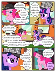 Size: 612x792 | Tagged: safe, artist:newbiespud, derpibooru import, edit, edited screencap, screencap, pinkie pie, twilight sparkle, earth pony, pony, unicorn, comic:friendship is dragons, mmmystery on the friendship express, bubble pipe, comic, deerstalker, detective hat, dialogue, duo, duo female, eyelashes, eyes closed, female, grin, hat, image, indoors, mare, pipe, png, raised hoof, screencap comic, smiling, thinking, unicorn twilight