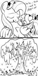Size: 1500x3000 | Tagged: safe, artist:skookz, derpibooru import, fluttershy, twilight sparkle, bird, butterfly, insect, pegasus, pony, rabbit, squirrel, unicorn, animal, black and white, book, comic, female, flower, fluttertree, grayscale, image, implied transformation, mare, monochrome, png, text, tree