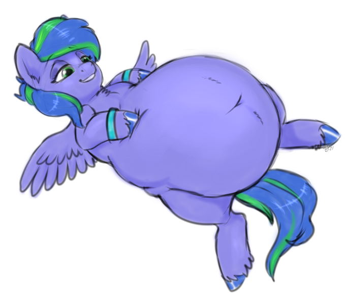 Size: 1969x1729 | Tagged: suggestive, artist:twiggy doodle, derpibooru import, oc, oc:felicity stars, unofficial characters only, pegasus, pony, bands, belly, big belly, chubby, fat, female, huge belly, image, lying down, mare, pegasus oc, png, signature, simple background, solo, stuffed, unshorn fetlocks, white background, wings