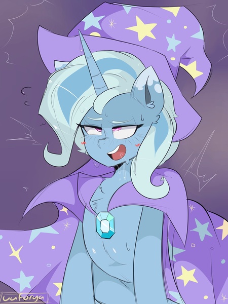 Size: 1536x2048 | Tagged: suggestive, artist:darkdoubloon, derpibooru import, trixie, pony, blushing, eyes rolling back, female, hat, image, implied sex, jpeg, open mouth, simple background, solo, solo female