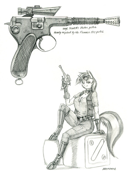 Size: 1000x1376 | Tagged: safe, artist:baron engel, derpibooru import, vinyl scratch, anthro, unguligrade anthro, unicorn, blaster, clothes, english, female, grayscale, gun, handgun, image, jpeg, monochrome, pencil drawing, pistol, smuggler, solo, star wars, text, traditional art, weapon