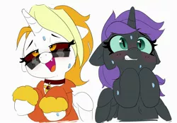 Size: 2423x1690 | Tagged: suggestive, artist:pabbley, derpibooru import, oc, oc:dyx, oc:nyx, unofficial characters only, alicorn, pony, belly button, blushing, choker, clothes, cute, cute little fangs, duo, duo female, fangs, female, filly, gritted teeth, heart eyes, image, jacket, jpeg, open mouth, siblings, simple background, sisters, sunglasses, sweat, white background, wingding eyes