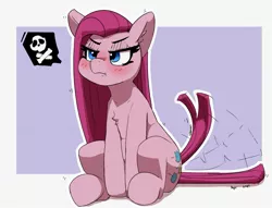 Size: 2499x1913 | Tagged: safe, artist:pabbley, derpibooru import, pinkie pie, earth pony, pony, blushing, chest fluff, cute, diapinkes, female, frown, grumpy, image, jpeg, mare, pinkamena diane pie, sitting, skull and crossbones, solo, tail, tail wag