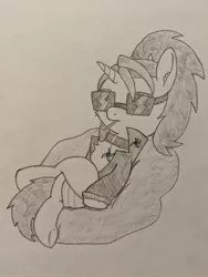 Size: 3024x4032 | Tagged: suggestive, artist:craftycirclepony, derpibooru import, oc, oc:dyx, unofficial characters only, alicorn, pony, alicorn oc, beanbag chair, candy, cheek fluff, chest fluff, clothes, collar, crossed legs, diaper, diaper fetish, ear fluff, female, fetish, filly, food, grayscale, horn, image, jacket, jpeg, lollipop, monochrome, sitting, solo, sunglasses, traditional art, underhoof, wetness indicator, wings