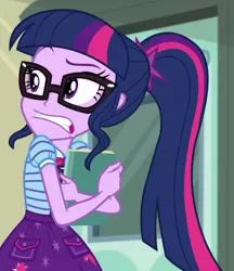 Size: 546x631 | Tagged: safe, derpibooru import, screencap, sci-twi, twilight sparkle, equestria girls, equestria girls series, stressed in show, stressed in show: pinkie pie, spoiler:eqg series (season 2), book, bow, clothes, cropped, geode of telekinesis, glasses, gritted teeth, image, jewelry, magical geodes, pendant, png, polo shirt, ponytail, skirt, solo