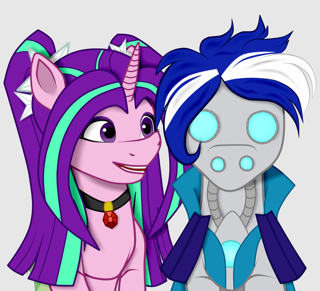 Size: 828x753 | Tagged: safe, artist:crystal yazarän, derpibooru import, aria blaze, oc, oc:ivislor, ponified, cyborg, cyborg pony, pony, unicorn, equestria girls, cape, clothes, commission, duo, female, image, jewelry, male, pendant, png, shoulder pads, smiling