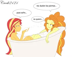 Size: 1003x797 | Tagged: suggestive, artist:crock2121, derpibooru import, adagio dazzle, sunset shimmer, equestria girls, bathtub, bubble, bubble bath, clothes, comic, dialogue, duo, duo female, female, females only, image, jpeg, lesbian, lying down, lying on top of someone, nudity, partial nudity, shipping, spanish, strategically covered, sunsagio, topless, translated in the description