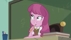 Size: 3410x1920 | Tagged: safe, derpibooru import, screencap, cheerilee, equestria girls, equestria girls series, the last day of school, book, chalkboard, female, high res, image, jpeg, pencil, smiling, solo