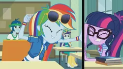 Size: 3410x1920 | Tagged: safe, derpibooru import, screencap, rainbow dash, sci-twi, twilight sparkle, equestria girls, equestria girls series, the last day of school, clothes, cutie mark, cutie mark on clothes, eyes closed, female, geode of super speed, geode of telekinesis, glasses, grin, high res, hoodie, image, jewelry, jpeg, magical geodes, male, necklace, ponytail, smiling, sunglasses