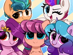 Size: 5154x3889 | Tagged: safe, artist:kittyrosie, derpibooru import, hitch trailblazer, izzy moonbow, pipp petals, sunny starscout, zipp storm, earth pony, pegasus, pony, unicorn, chest fluff, g5, image, mane five (g5), png