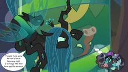 Size: 1280x720 | Tagged: safe, derpibooru import, edit, edited screencap, screencap, queen chrysalis, changeling, changeling queen, ophiotaurus, frenemies (episode), cocoon, crack shipping, female, image, implied sex, male, png, shipping, speech bubble, straight, thought bubble