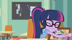 Size: 3410x1920 | Tagged: safe, derpibooru import, screencap, sci-twi, twilight sparkle, equestria girls, equestria girls series, the last day of school, book, bowtie, eyes closed, female, glasses, high res, image, jpeg, ponytail, solo