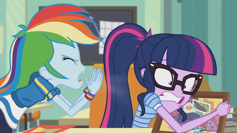 Size: 3410x1920 | Tagged: safe, derpibooru import, screencap, rainbow dash, sci-twi, twilight sparkle, equestria girls, equestria girls series, the last day of school, book, bowtie, clothes, eyes closed, female, geode of super speed, glasses, high res, hoodie, image, jewelry, jpeg, magical geodes, necklace, open mouth, ponytail, yelling